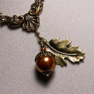 Acorn Oak Leaf Charm, Victorian Necklace, Copper Brown Crystal Pearl, Autumn Orange, Edwardian Fall Acorn Choker, Titanic Temptations 12035