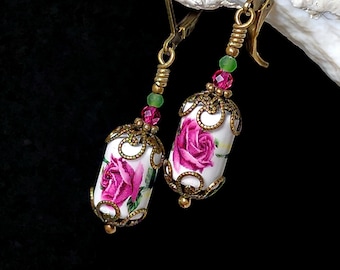 Pink Rose Victorian Earrings, Wine Red Gothic Rosebud, Porcelain, Raspberry Edwardian Bridal, Antique Gold Bronze, Titanic Temptations 25001
