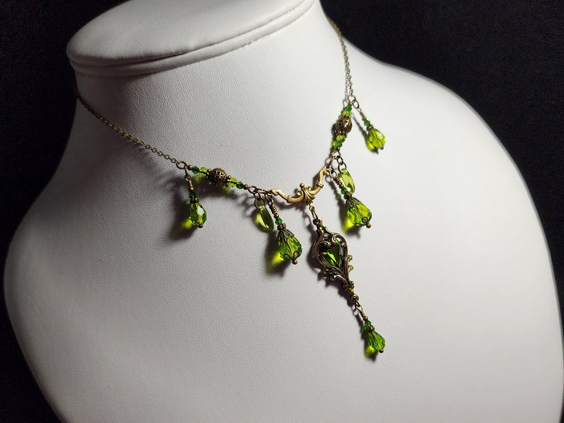 Peridot Green Victorian Choker, Gothic Heart, Lime Green Heartstone, Olivine Edwardian Bridal, Antique Gold Bronze Titanic Temptations 23005 image 9