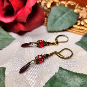 Blood Red Victorian Earrings, Crimson Gothic, Scarlet Steampunk, Dark Red Edwardian Bridal, Antique Gold Bronze, Titanic Temptations 23004 image 8