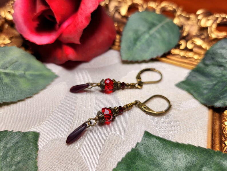 Blood Red Victorian Earrings, Crimson Gothic, Scarlet Steampunk, Dark Red Edwardian Bridal, Antique Gold Bronze, Titanic Temptations 23004 image 8
