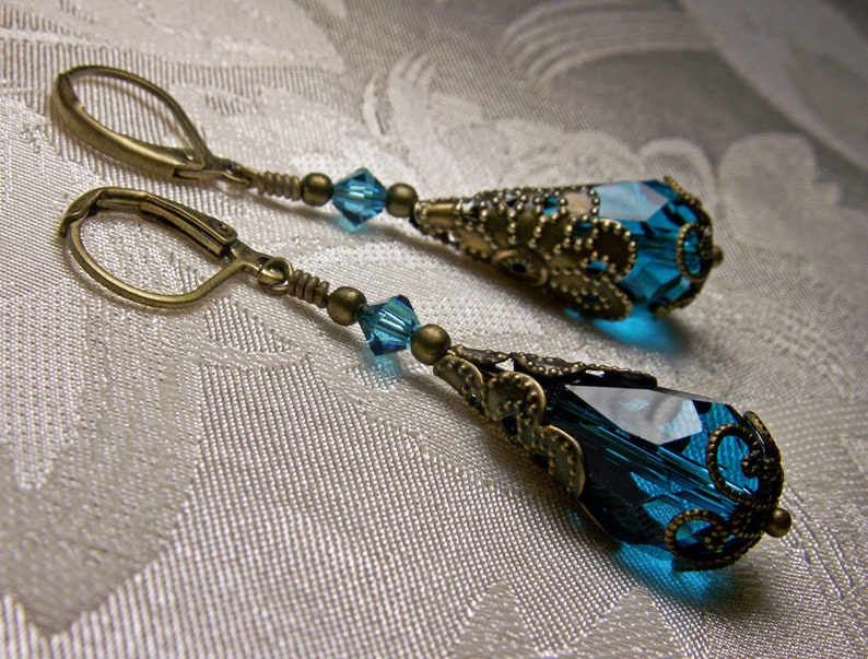 Peacock Blue Victorian Earrings, Blue Zircon Gothic, Dark Aqua Steampunk Teal Edwardian Bridal Antique Gold Bronze Titanic Temptations 11009 image 5