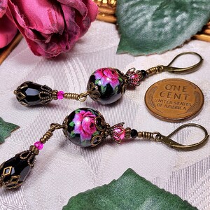 Dark Pink Rose Victorian Earrings, Pink Rosebud, Burgundy Gothic Rose, Ruby Edwardian Floral, Antique Gold Bronze, Titanic Temptations 22008 image 5