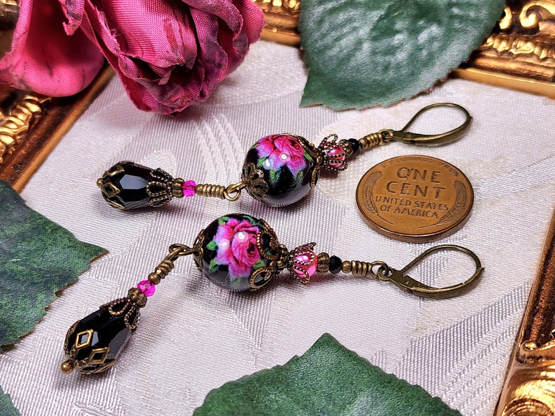 Dark Pink Rose Victorian Earrings, Pink Rosebud, Burgundy Gothic Rose, Ruby Edwardian Floral, Antique Gold Bronze, Titanic Temptations 22008 image 5