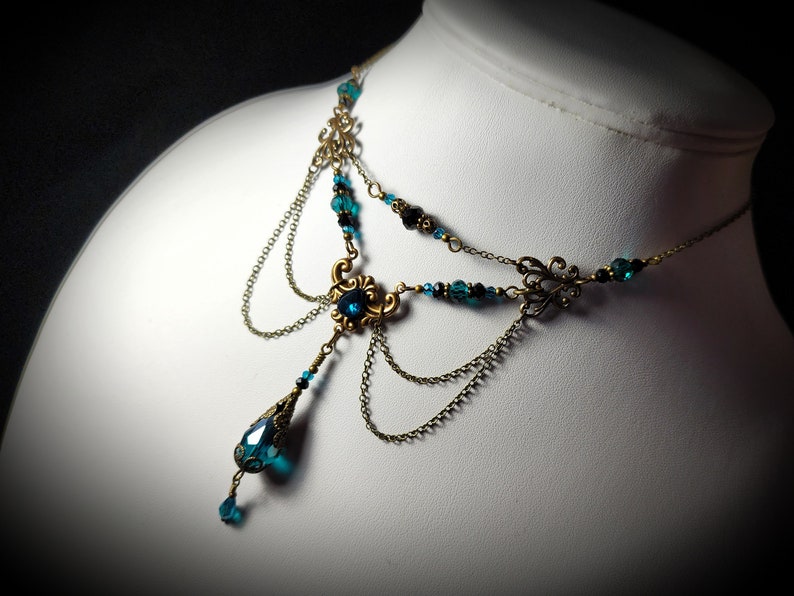 Peacock Blue Victorian Choker, Teal Green Gothic, Blue Zircon Edwardian Bridal, Steampunk, Antiqued Gold Bronze, Titanic Temptations 24001 image 7