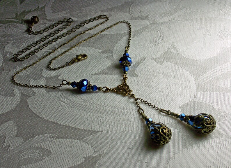 Metallic Blue Victorian Choker, Peacock Blue Gothic, Double Drop Dark Blue Edwardian Antique Gold Bronze Steampunk Titanic Temptations 12002 image 5