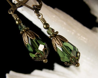 Tourmaline Green Earrings, Sage Victorian Dangles, Forest Green Edwardian Bridal Drops, Jungle Green, Antiqued Bronze, Titanic Temptations