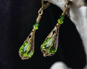 Peridot Green Victorian Earrings, Lime Gothic Teardrops, Olivine Edwardian Bridal, Steampunk Antique Gold Bronze, Titanic Temptations 23005