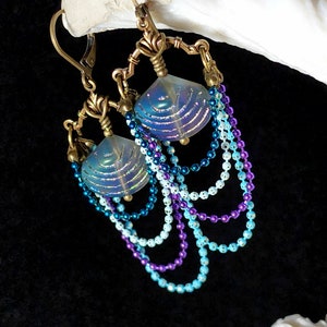 Aqua Blue Purple Victorian Earrings, Pearlized Seashell Charms Steampunk Mermaid Under the Sea Antique Gold Bronze Titanic Temptations 22006 image 5