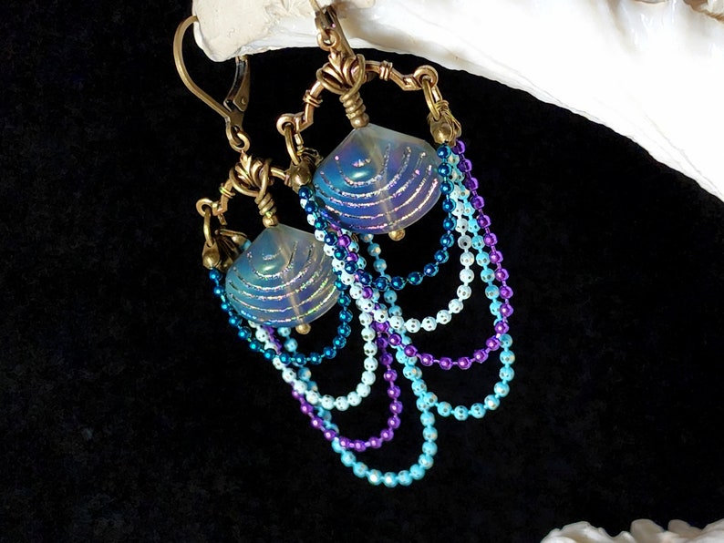 Aqua Blue Purple Victorian Earrings, Pearlized Seashell Charms Steampunk Mermaid Under the Sea Antique Gold Bronze Titanic Temptations 22006 image 5