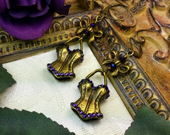 Purple Corset Charm Victorian Earrings, Amethyst Crystal, Gothic Corset, Edwardian Swimsuit, Antique Gold Bronze, Titanic Temptations 15021