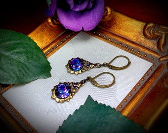 Heliotrope Earrings, Purple Blue Crystal, Victorian Earrings, Edwardian Bridal Dangle Drops, Antiqued Bronze Gold, Titanic Temptations 18013