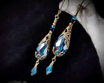 Peacock Blue Victorian Earrings, Teal Green Gothic Teardrop, Blue Zircon Edwardian Bridal, Antique Gold Bronze, Titanic Temptations 24001