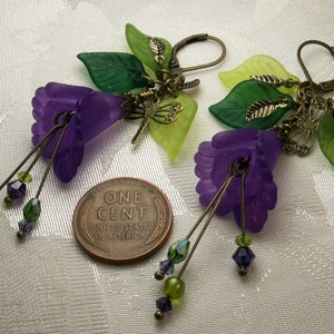 Purple Dragonfly Lily Victorian Earrings, Amethyst Flower Green Leaf Frosted Lucite Edwardian Bridal Dangle Drop Titanic Temptations 13018 image 5