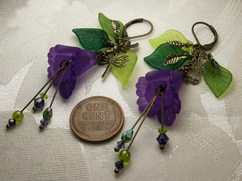 Purple Dragonfly Lily Victorian Earrings, Amethyst Flower Green Leaf Frosted Lucite Edwardian Bridal Dangle Drop Titanic Temptations 13018 image 5