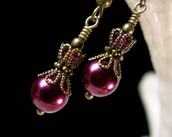 Dark Red Pearl Victorian Earrings, Maroon Gothic Drop, Burgundy Edwardian, Wine Red Steampunk, Antique Gold Bronze Titanic Temptations 13010