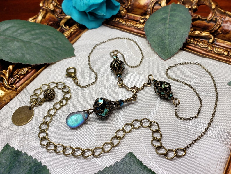 Peacock Green Victorian Necklace, Aqua Blue Green Metallic Edwardian, Teal Gothic, Antique Gold Bronze Steampunk Titanic Temptations 21005 image 9