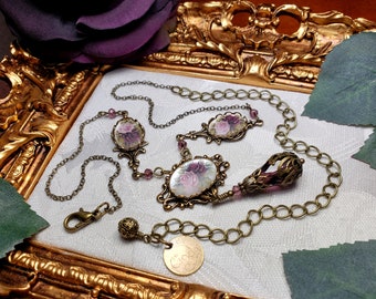 Pink Burgundy Rose Cameo Victorian Choker, Purple Gothic Necklace, Antique Gold Bronze, Amethyst Rosebud Edwardian Titanic Temptations 19005