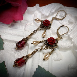 Blood Red Rose Victorian Earrings, Dark Scarlet, Gothic Crimson, Ivory Pearl, Edwardian Bridal Antique Gold Bronze Titanic Temptations 19010