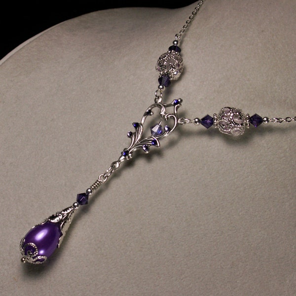 Purple Pearl Silver Victorian Necklace, Amethyst Teardrop Edwardian Bridal Choker, Orchid Purple Steampunk Dangle, Titanic Temptations 13009