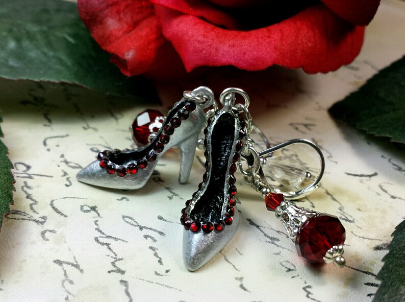 Blood Red High Heel Earrings, Stiletto Shoe Silver Charms, Hollywood Lady's Pump Shoes, Silver Shoe Dangle Drops, Titanic Temptations 17025 image 2