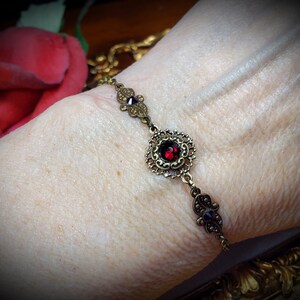 Blood Red Victorian Bracelet, Crimson Gothic, Scarlet Red Edwardian, Garnet Red Steampunk, Antiqued Gold Bronze, Titanic Temptations 22001 image 7