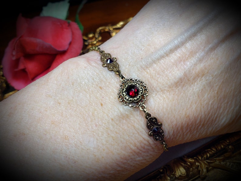 Blood Red Victorian Bracelet, Crimson Gothic, Scarlet Red Edwardian, Garnet Red Steampunk, Antiqued Gold Bronze, Titanic Temptations 22001 image 7