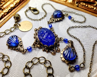 Blue Rose Victorian Choker, Pressed Glass Floral, Royal Blue Edwardian Bridal, Blue Gothic, Antique Gold Bronze, Titanic Temptations 19004