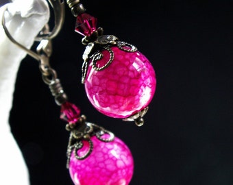 Hot Pink Dragon Vein Victorian Earrings, Fuchsia Pink Agate Crystal Steampunk Dangle Drop Antique Brass Filigree Titanic Temptations 11022