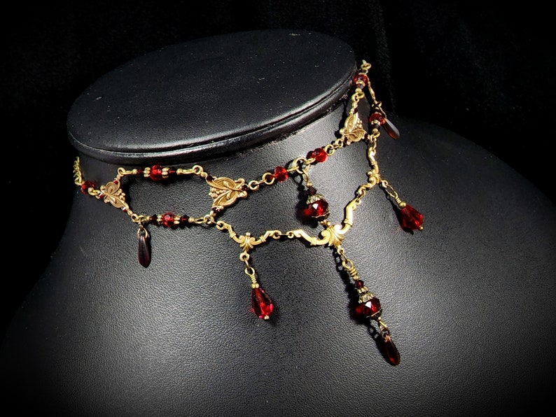 Blood Red Victorian Choker, Crimson Gothic Drop, Dark Red Edwardian Bridal, Scarlet Steampunk, Antique Gold Bronze Titanic Temptations 23004 image 10