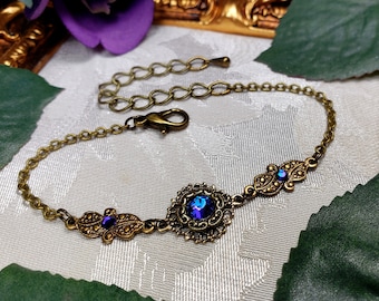 Blue Purple Victorian Bracelet, Heliotrope Gothic, Purple Edwardian, Aqua Blue Steampunk, Antique Gold Bronze, Titanic Temptations 22003