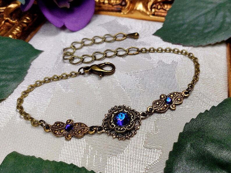 Blue Purple Victorian Bracelet, Heliotrope Gothic, Purple Edwardian, Aqua Blue Steampunk, Antique Gold Bronze, Titanic Temptations 22003 image 1