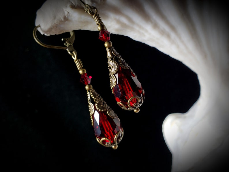 Blood Red Bronze Gothic Earrings, Dark Crimson Red Victorian Drops, Garnet Edwardian, Antique Gold Brass Steampunk Titanic Temptations 12019 image 8