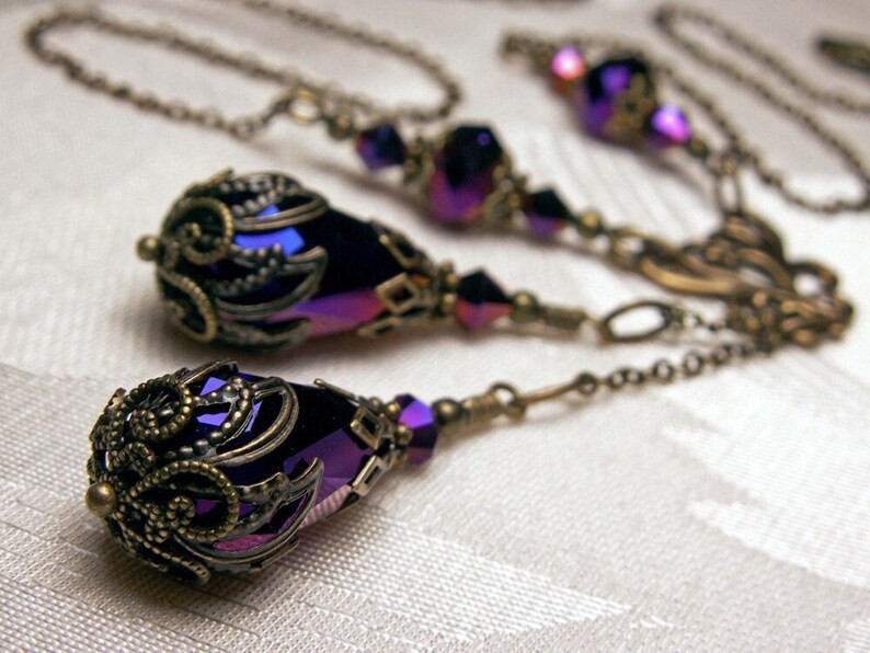Metallic Purple Victorian Necklace, Amethyst Edwardian Choker, Antique Gold Bronze, Double Drop, Crystal Teardrop, Titanic Temptations 13007
