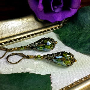 Peridot Green Gothic Earrings, Olivine Victorian Drop, Lime Teardrop Steampunk Olive Edwardian Antique Gold Bronze Titanic Temptations 18001 image 4
