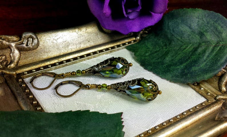 Peridot Green Gothic Earrings, Olivine Victorian Drop, Lime Teardrop Steampunk Olive Edwardian Antique Gold Bronze Titanic Temptations 18001 image 4