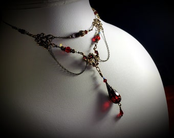 Ox Blood Red Gothic Choker, Crimson Victorian, Teardrop, Dark Red Steampunk, Scarlet Edwardian Antique Gold Bronze Titanic Temptations 18015