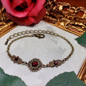 Blood Red Victorian Bracelet, Crimson Gothic, Scarlet Red Edwardian, Garnet Red Steampunk, Antiqued Gold Bronze, Titanic Temptations 22001 image 9