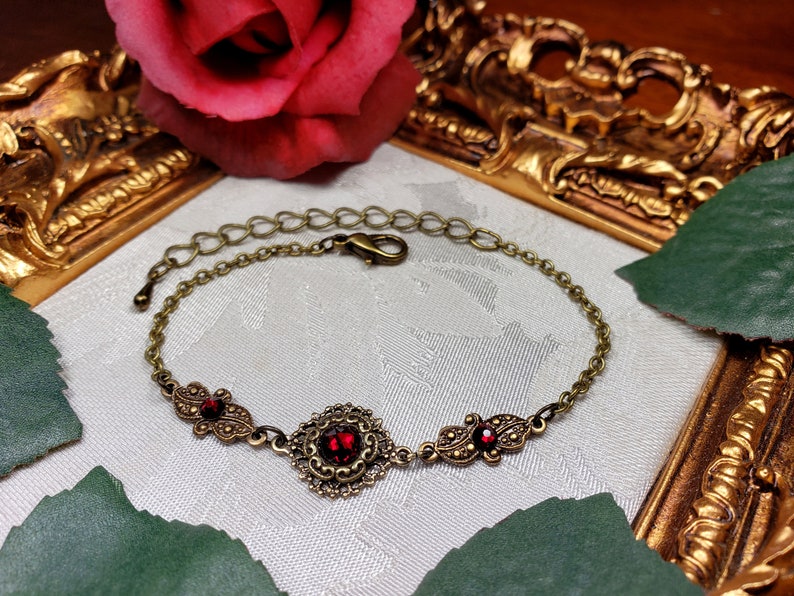 Blood Red Victorian Bracelet, Crimson Gothic, Scarlet Red Edwardian, Garnet Red Steampunk, Antiqued Gold Bronze, Titanic Temptations 22001 image 9