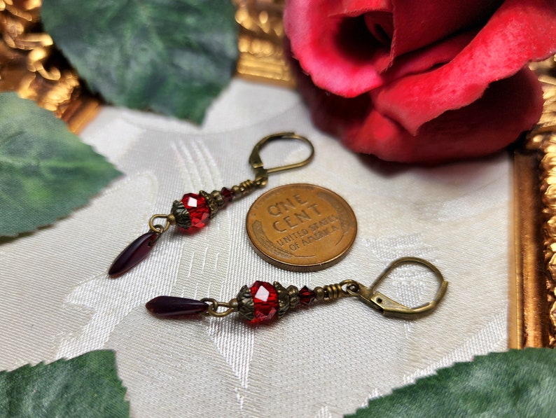 Blood Red Victorian Earrings, Crimson Gothic, Scarlet Steampunk, Dark Red Edwardian Bridal, Antique Gold Bronze, Titanic Temptations 23004 image 10