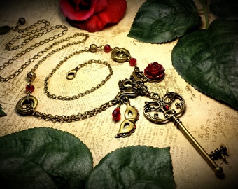 Phantom of the Opera Necklace Blood Red Rose Bronze Mask Pendant Gothic Victorian Masquerade Skeleton Key Steampunk Titanic Temptation 16006