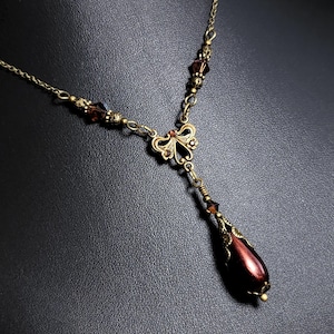 Chocolate Drop Pearl Victorian Necklace Gothic Brown, Crystal Pearl Dangle, Edwardian Bridal, Antique Gold Bronze, Titanic Temptations 12033