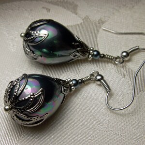 Large Silver Shell Pearl Victorian Earrings, Gothic Black Teardrop Pearl, Rainbow Luster, Antique Silver Gunmetal, Titanic Temptations 14013 image 4
