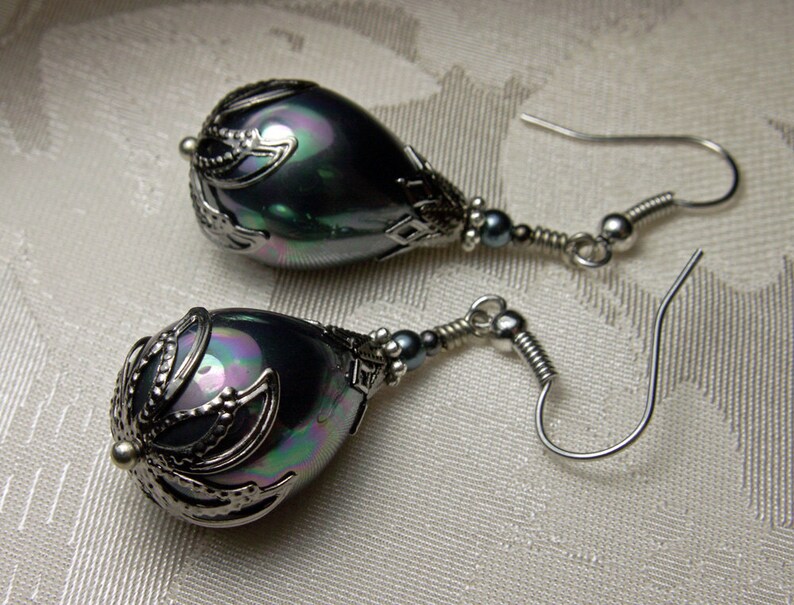 Large Silver Shell Pearl Victorian Earrings, Gothic Black Teardrop Pearl, Rainbow Luster, Antique Silver Gunmetal, Titanic Temptations 14013 image 4