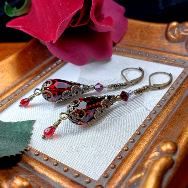 Blood Red Victorian Earrings, Scarlet Gothic Teardrop, Crimson Steampunk, Edwardian Bridal, Antique Gold Bronze, Titanic Temptations 18015