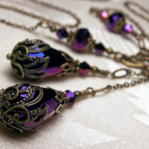 Metallic Purple Victorian Necklace, Amethyst Edwardian Choker, Antique Gold Bronze, Double Drop, Crystal Teardrop, Titanic Temptations 13007