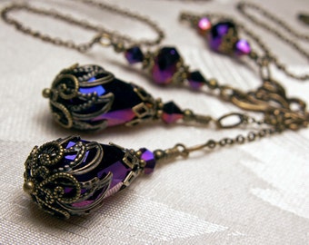 Metallic Purple Victorian Necklace, Amethyst Edwardian Choker, Antique Gold Bronze, Double Drop, Crystal Teardrop, Titanic Temptations 13007