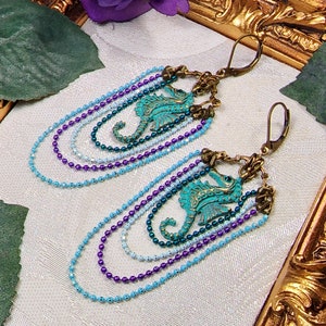 Aqua Blue Sea Horse Victorian Earrings, Brass Green Seahorse Charm, Tarnished Verdigris, Antique Gold Bronze Titanic Temptations 22007 image 7