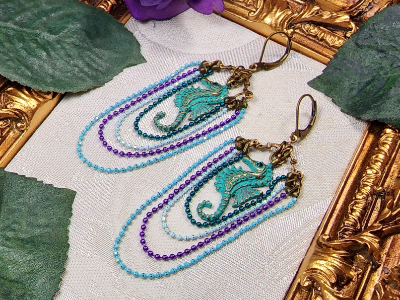 Aqua Blue Sea Horse Victorian Earrings, Brass Green Seahorse Charm, Tarnished Verdigris, Antique Gold Bronze Titanic Temptations 22007 image 7