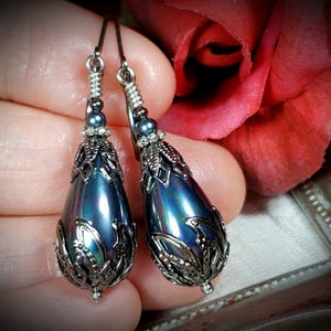 Peacock Blue Shell Pearl Victorian Earrings, Lustrous Rainbow Teardrop, Gothic Black Pearl Antique Silver Gunmetal Titanic Temptations 21011 image 4